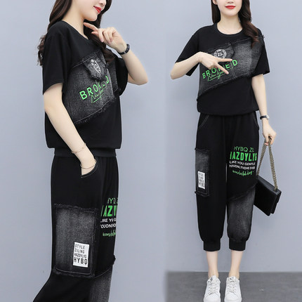 夏季减龄显瘦透气大码女装时尚休闲运动牛仔短袖胖妹妹两件套套装