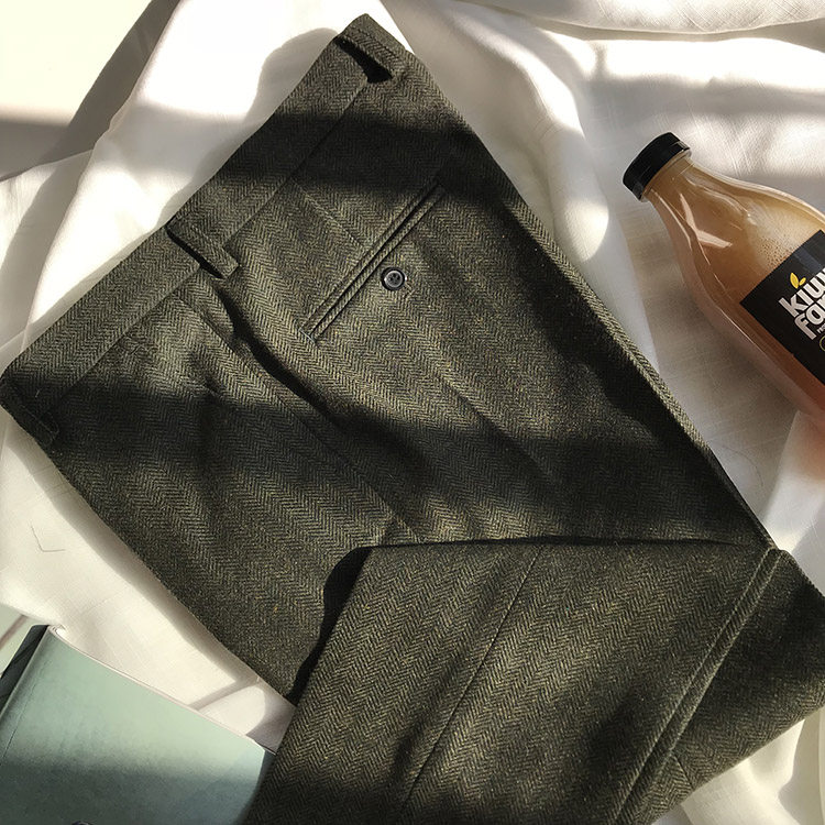 秋季新款欧美风九分裤男士人字纹呢子修身小直筒英伦休闲西裤加长