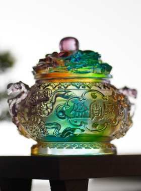 珍悦古法琉璃八吉祥聚宝盆摆件