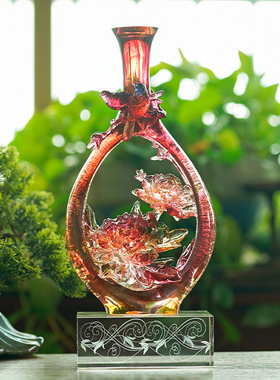 琉璃牡丹花玉春纳福花瓶桌面摆件