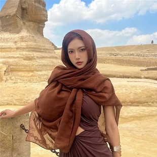 废土风茶卡盐湖沙漠埃及西藏新疆旅游拍照披肩棉麻围巾咖啡色丝巾