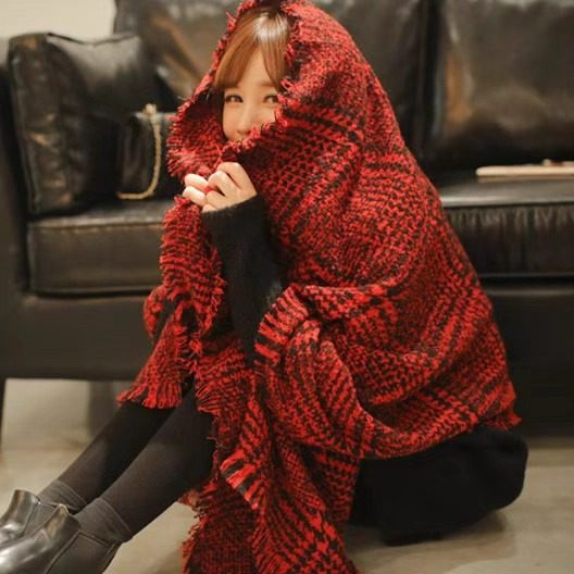 秋冬季学生英伦黑白格子围巾双面两用百搭毛线围脖披肩男女款方巾