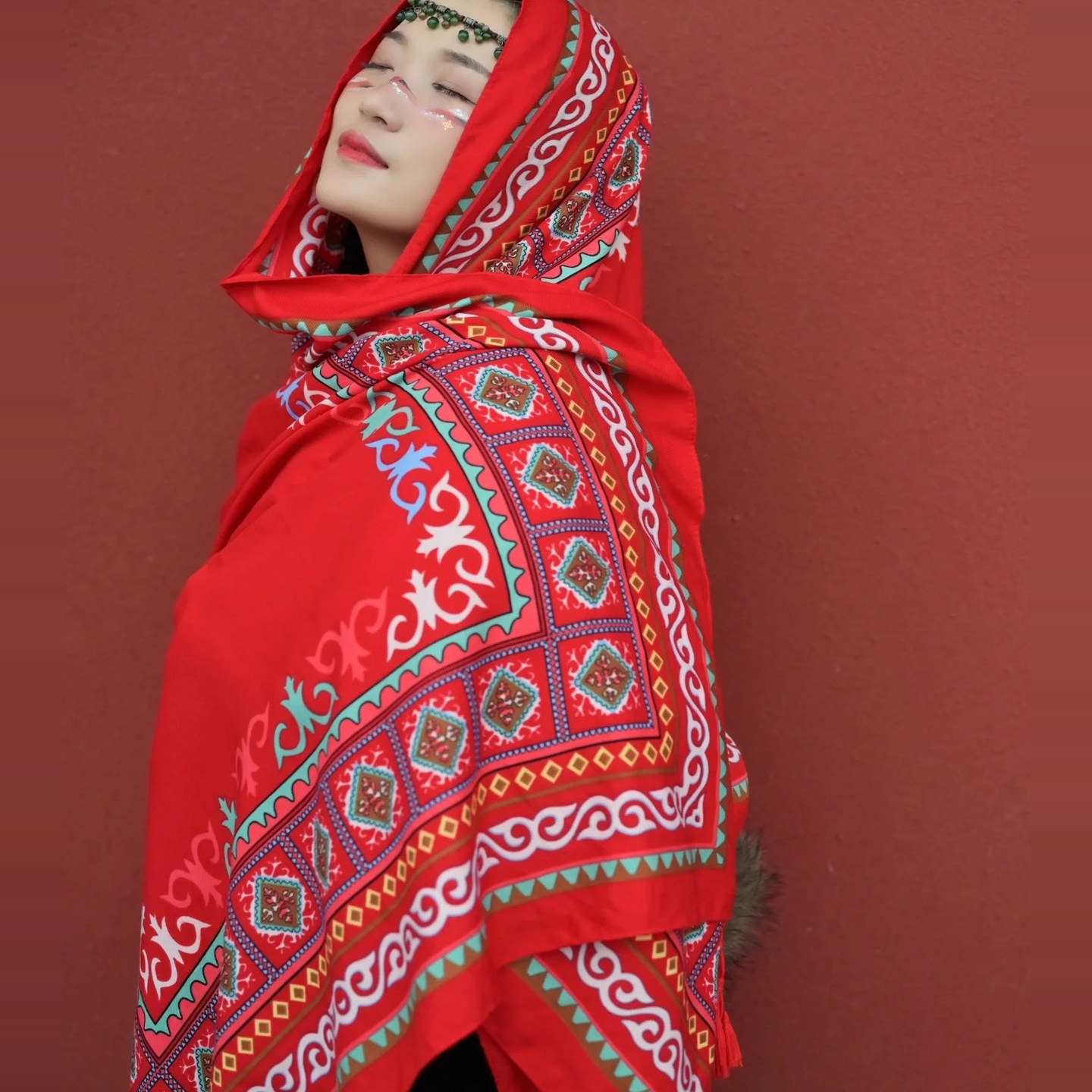 红色云南青海旅游民族风围巾女夏季薄款防晒丝巾披肩外搭超大纱巾