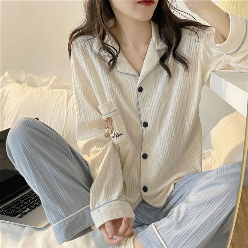 日系睡衣女春夏开衫ins甜美简约学生小熊可爱卡通外穿家居服套装