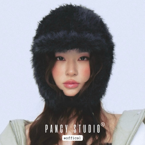 PANCY可爱卷直黑色毛绒雷锋帽骑行帽冬季加厚护耳帽保暖冬季氛围
