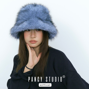 PANCY冬季氛围感雾霾蓝毛毛渔夫帽加绒盆帽保暖仿皮草防寒帽子女