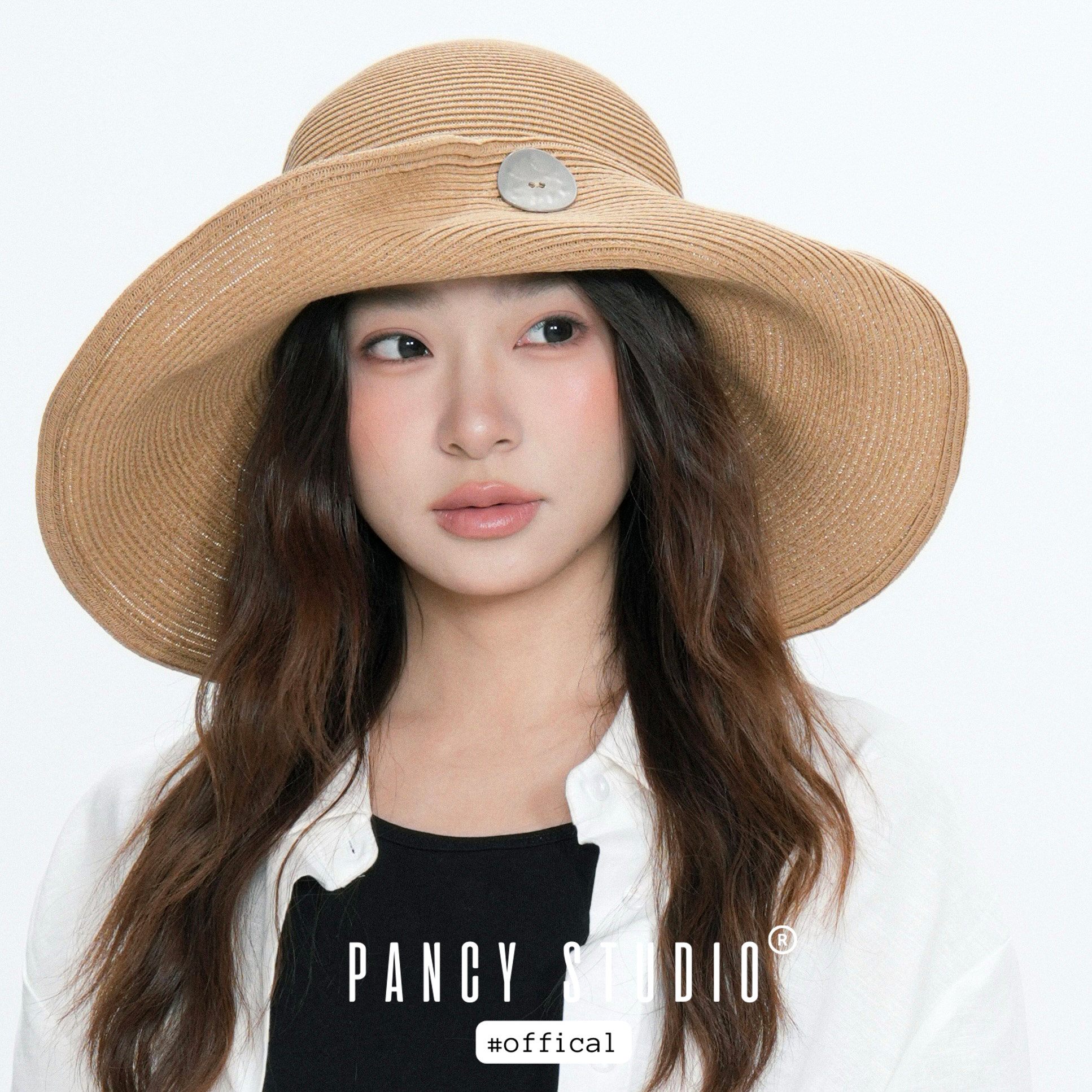 PANCY两种戴法~纽扣草帽海边度假大帽檐显脸小卷边遮阳防晒帽大头