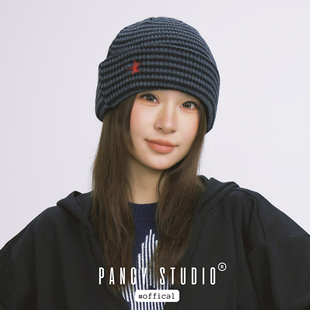 PANCY亚文化个性刺绣条纹针织包头帽灰色毛线帽复古冷帽保暖帽子