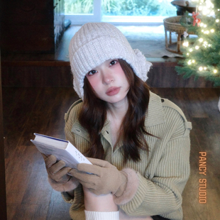 PANCY韩系复古针织立体双花包头帽花朵保暖毛线帽小众护耳帽子