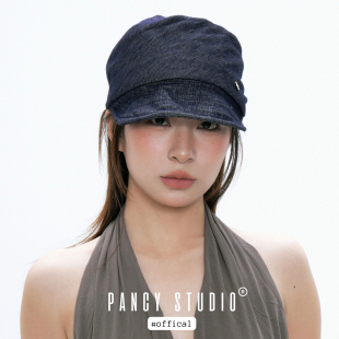 PANCY自留款 日系复古牛仔马术帽褶皱中古骑士帽简约休闲平顶帽