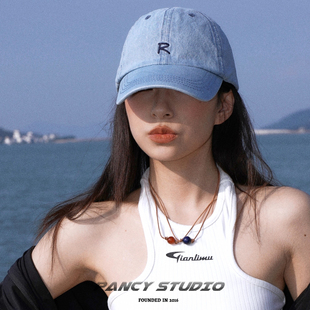 PANCY超显脸小 复古水洗牛仔加深鸭舌帽刺绣字母遮阳休闲棒球帽