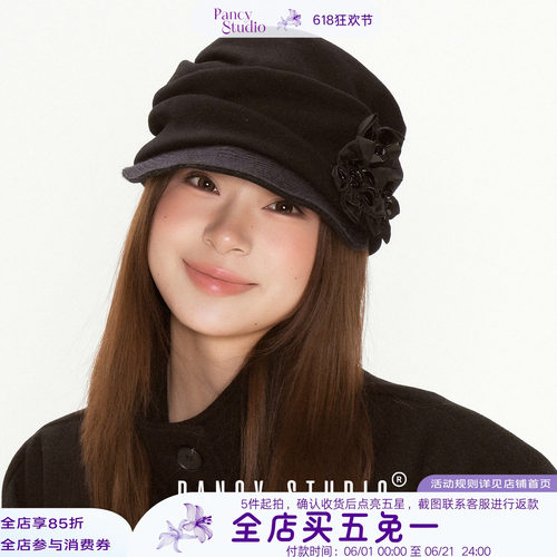 高版本混羊毛中古花朵报童帽