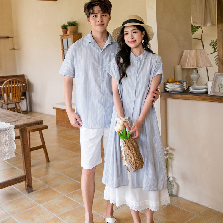 夏季新款情侣装韩版条纹短袖衬衫连衣裙女宽松中长款叠穿两件套