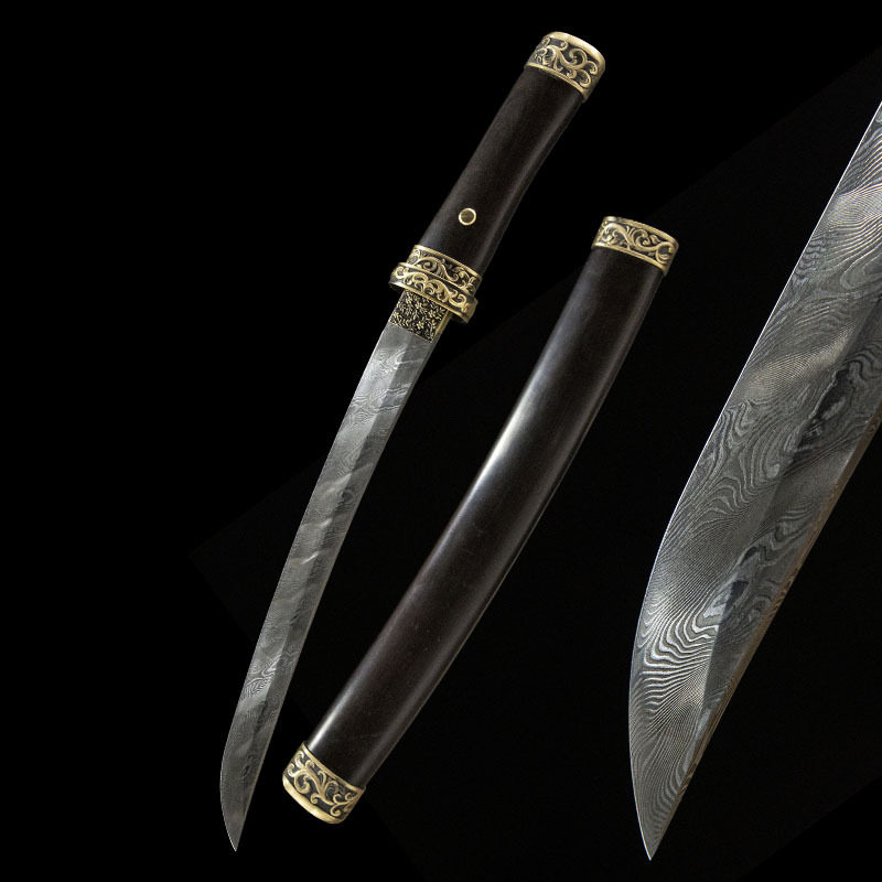 花纹钢大马士革胁差日本武士刃黑檀木铜装龙泉刀剑居合短刀未开刃