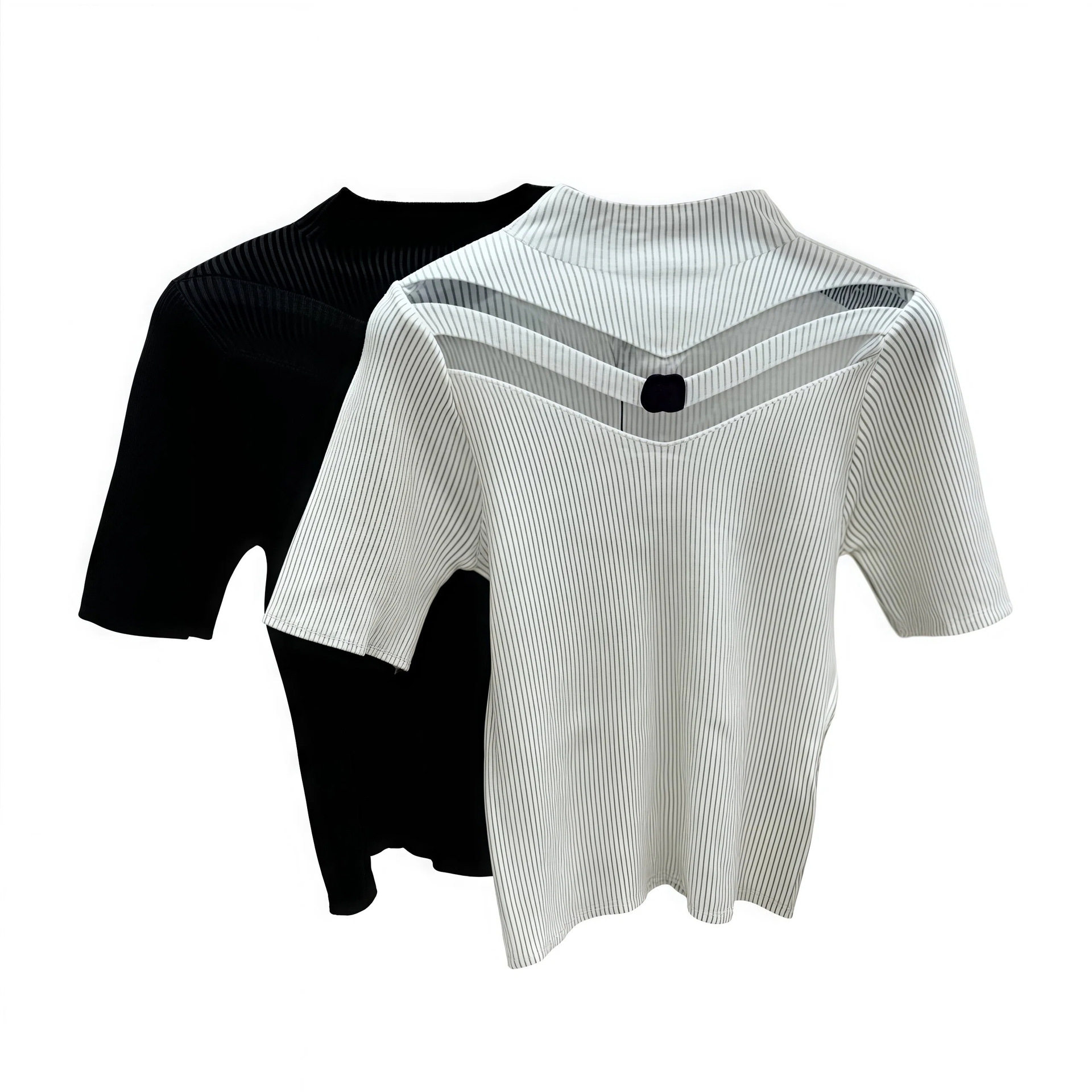 新款上市~小香风logo车章刺绣镂空透视感立领针织短袖上衣性感女