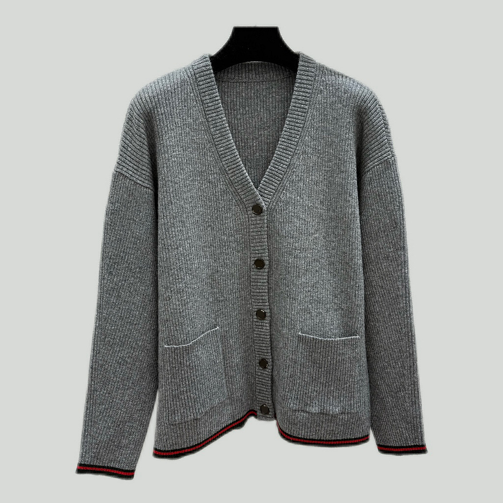 撞色坑条V领针织开衫+休闲阔腿裤