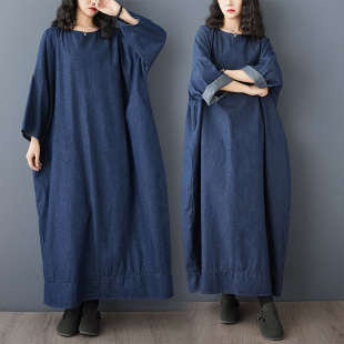 宽松遮肉女装 文艺大码 休闲显瘦加长裙 牛仔连衣裙春秋新款 复古长袖