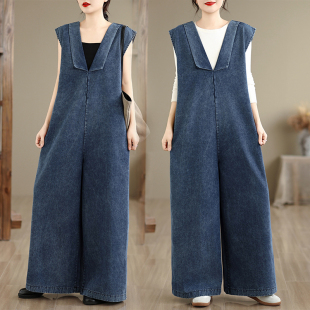 女春夏大码 牛仔连体裤 宽松阔腿裤 V领无袖 美式 连衣长裤 复古工装