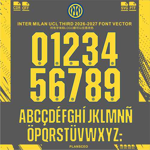 Inter Milan国际米兰2026-2027球衣号码PDF字体ttf矢量安装Font