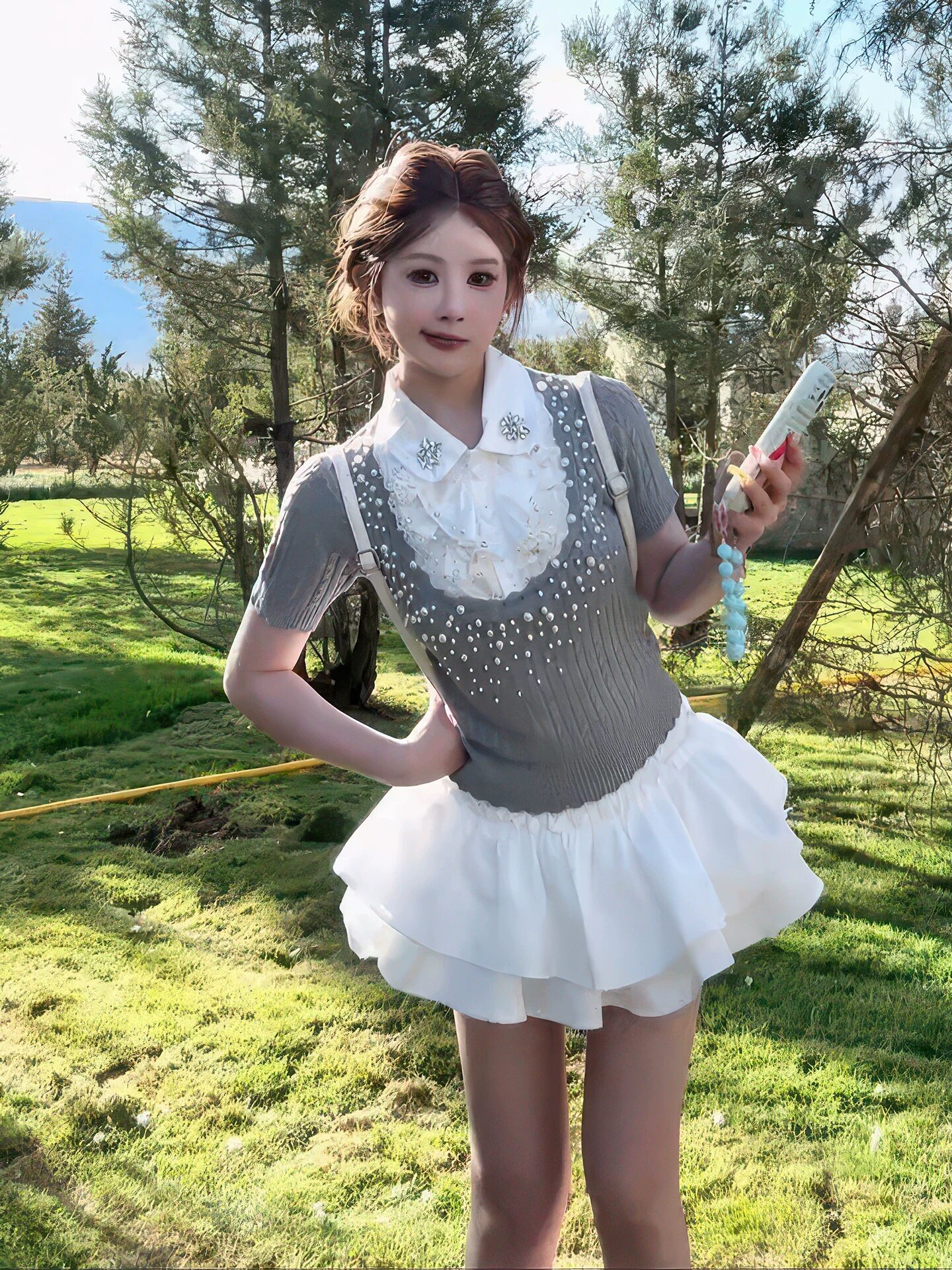 辣妹风荷叶边蛋糕裙套装女假两件重工钉珠拼接短袖针织上衣两件套
