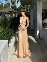 2025夏季新款韩系时尚气质名媛高级感重工挂脖荡领连衣裙女长裙潮