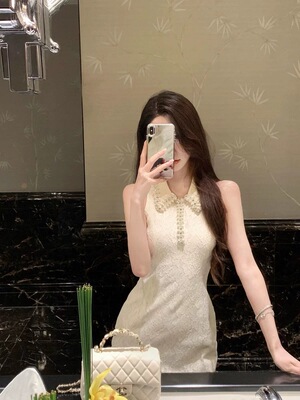 夏季新款韩系时尚气质名媛高级感重工镶钻连衣裙女无袖收腰裙子潮