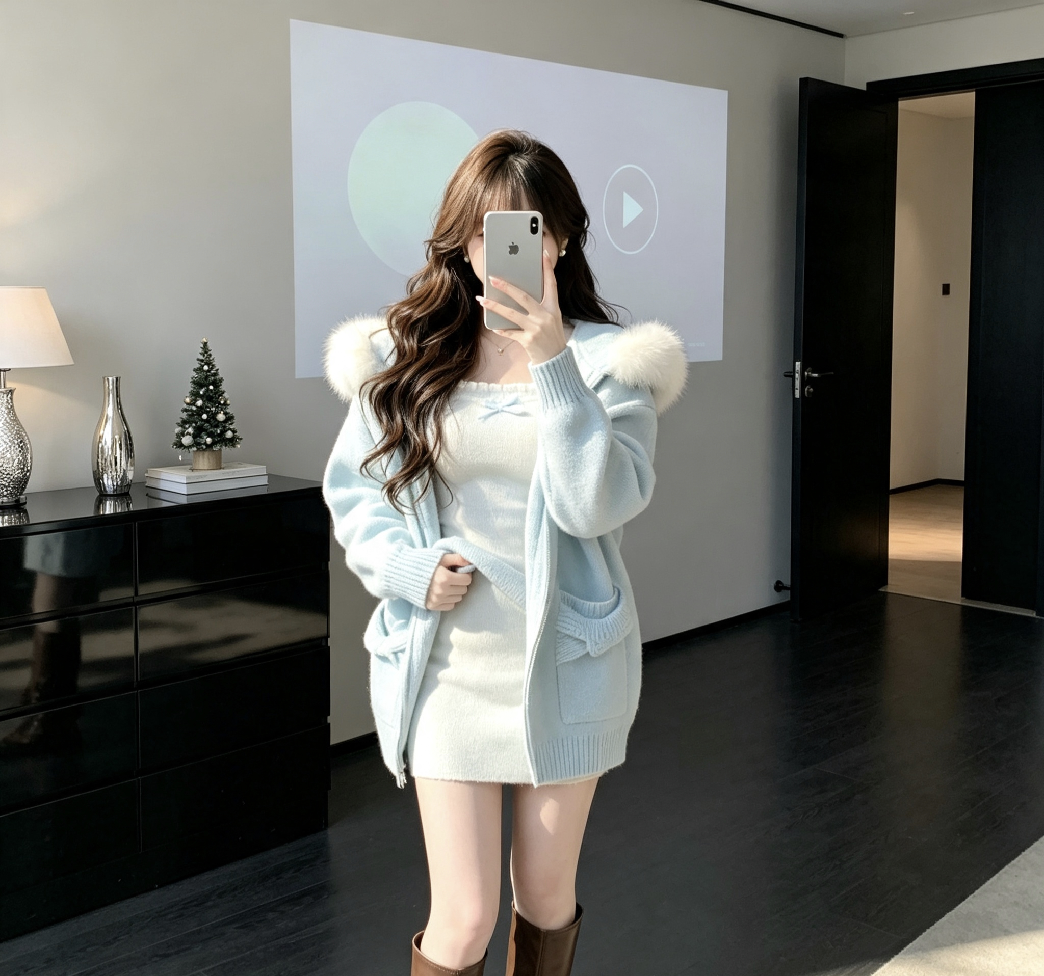 秋季毛毛领连帽针织开衫加修身显瘦百搭吊带连衣裙两件套套装裙图片