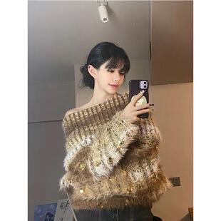 韩系宽松长款一字肩毛衣女秋冬季奶fufu慵懒风设计感小众时尚上衣