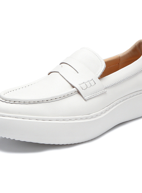 白色皮鞋一脚蹬男鞋懒人鞋厚底乐福鞋男真皮白鞋休闲增高豆豆鞋男