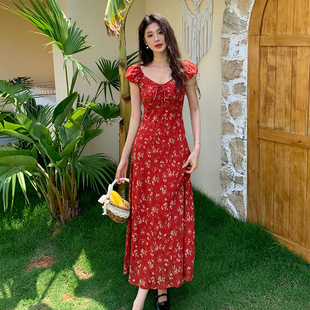 韩式 红色连衣裙显瘦纯欲穿搭海边度假碎花长裙子 十三行品质 法式