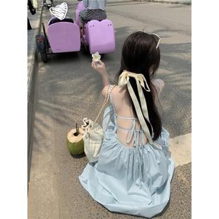 2025法式 韩式 气质性感露背蓝色吊带连衣裙女三亚海边度假沙滩a字