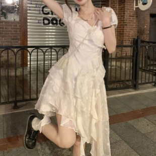 韩式 高级感别致收腰初恋裙公主短 不规则荷叶边方领连衣裙女装 夏季