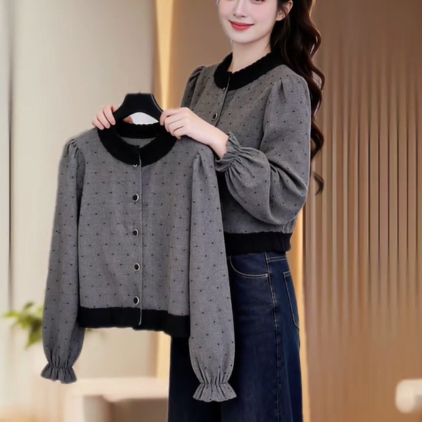 温柔风木耳边波点针织衬衫女春秋