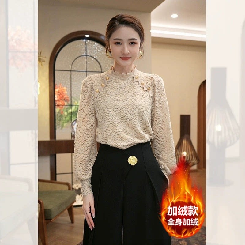 半高领蕾丝打底衫女秋冬新款欧货洋气内搭针织衫别致小众套头上衣