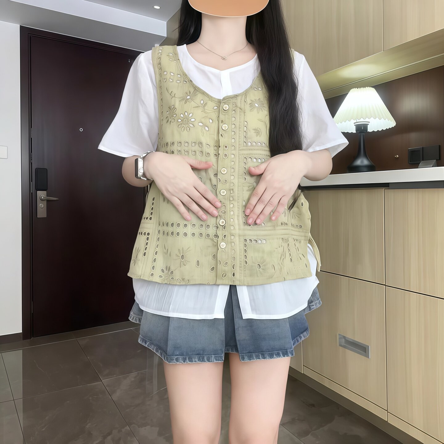 夏季大码显瘦假两件镂空刺绣衬衫