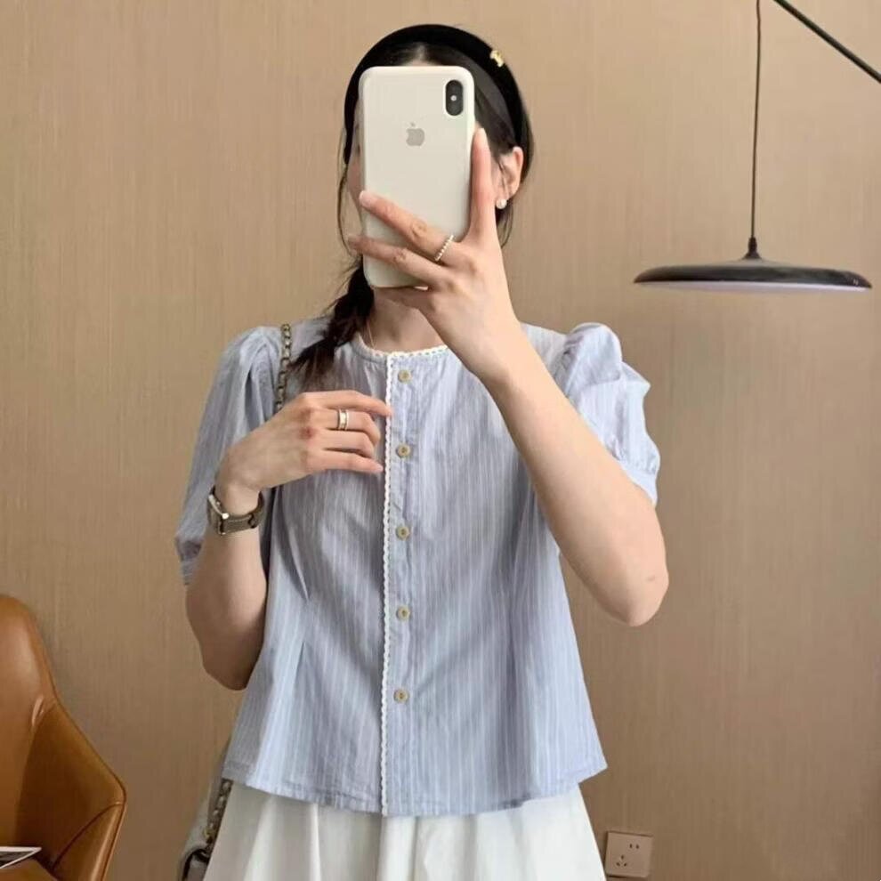 蓝色条纹圆领短袖小衫上衣女2026夏季新款设计感法式漂亮衬衫上衣