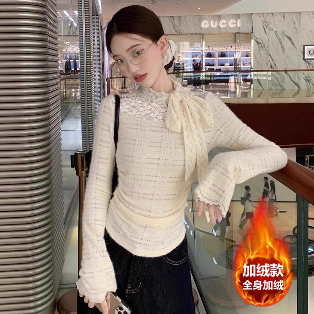 慵懒风蕾丝钩花半高领长袖女装秋季小众蝴蝶结绑带打底衫内搭上衣