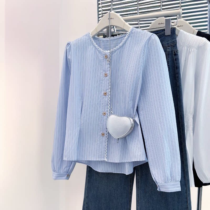 纯棉设计感显瘦百搭条纹上衣女秋季新款高级感洋气减龄长袖衬衫潮