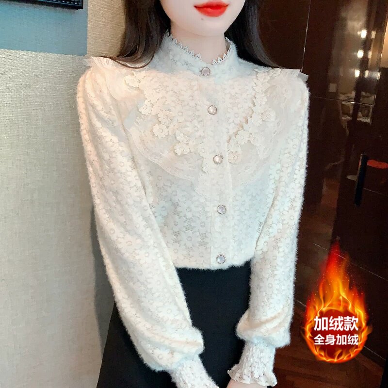 加绒加厚蕾丝打底衬衫女冬装2026年新款秋冬季洋气内搭高级感上衣