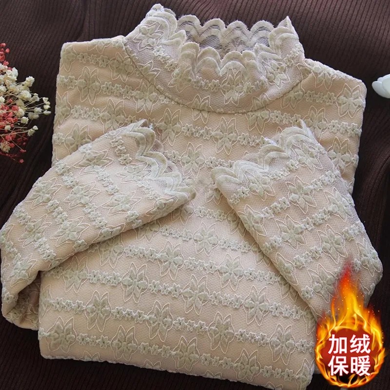 加绒半高领内搭蕾丝打底衫女秋冬