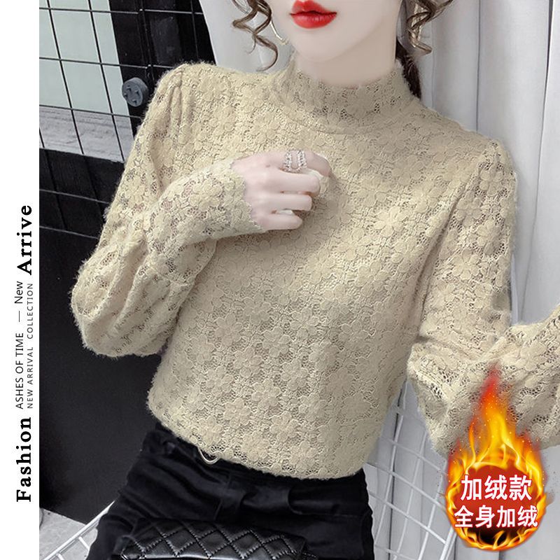 半高领加绒加厚蕾丝打底衫秋冬潮