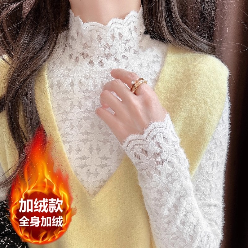 修身加绒蕾丝内搭打底衫秋冬新款