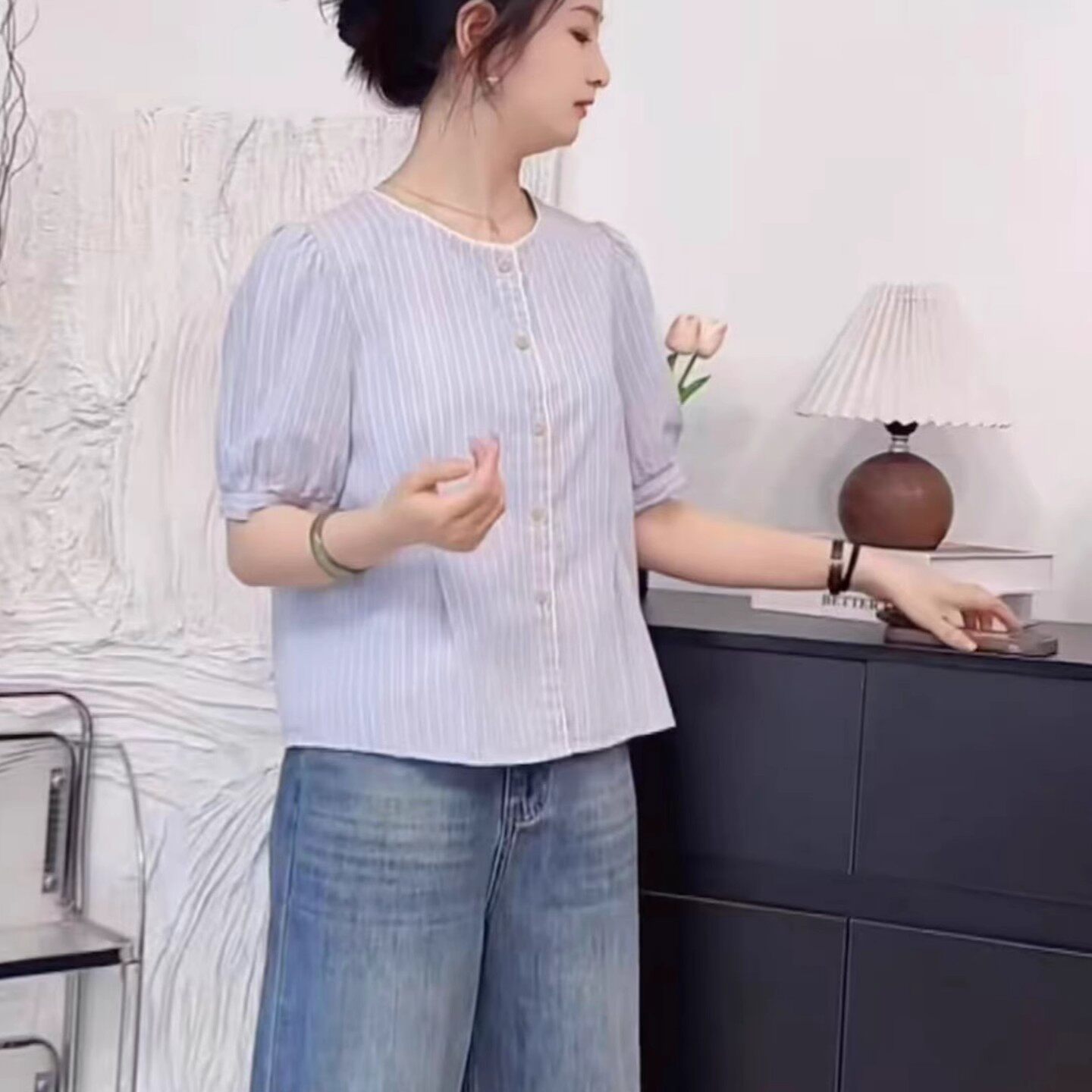 纯棉法式甜美少女泡泡袖衬衫夏季