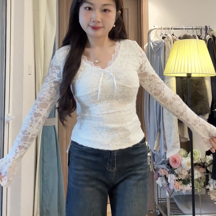 秋冬新款修身百搭纯欲蕾丝打底衫