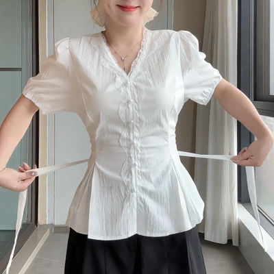 大码胖mm气质蕾丝短袖衬衫女夏季