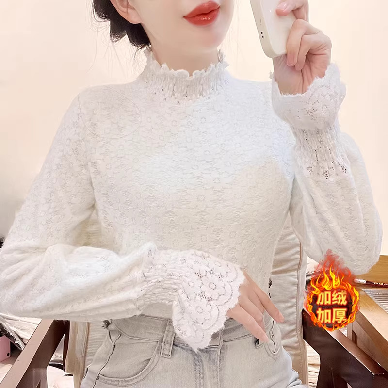 半高领蕾丝打底衫加绒女秋冬2026年新款超仙甜美加厚雪纺长袖上衣