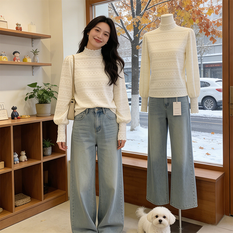 加绒磨毛蕾丝边打底衫女秋冬
