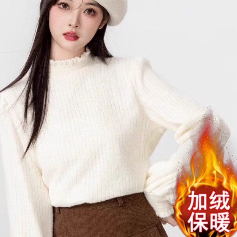 加绒加厚半高领蕾丝打底衫女秋冬洋气韩版款气质时尚百搭网纱上衣