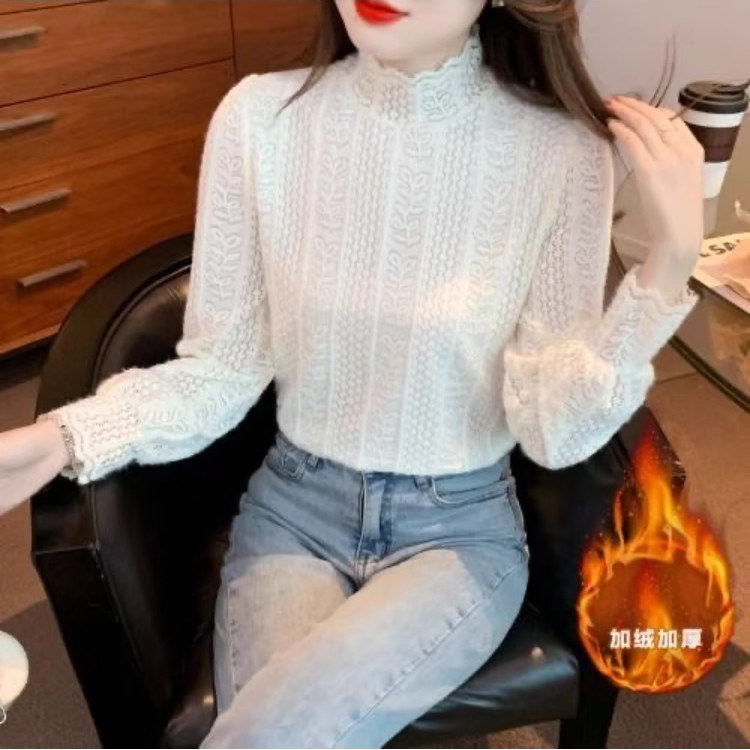 半高领钩花加绒蕾丝打底衫女秋冬
