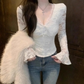 打底衫 秋冬新款 辣妹气质加绒长袖 V领蕾丝上衣女时尚 纯欲性感修身